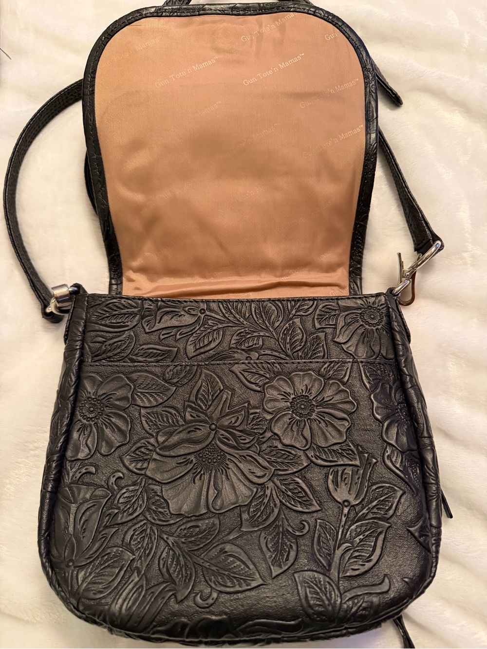 Black Embossed Floral Concealed Weapon Crossbody Shoulder Bag - Picture 3 of 11